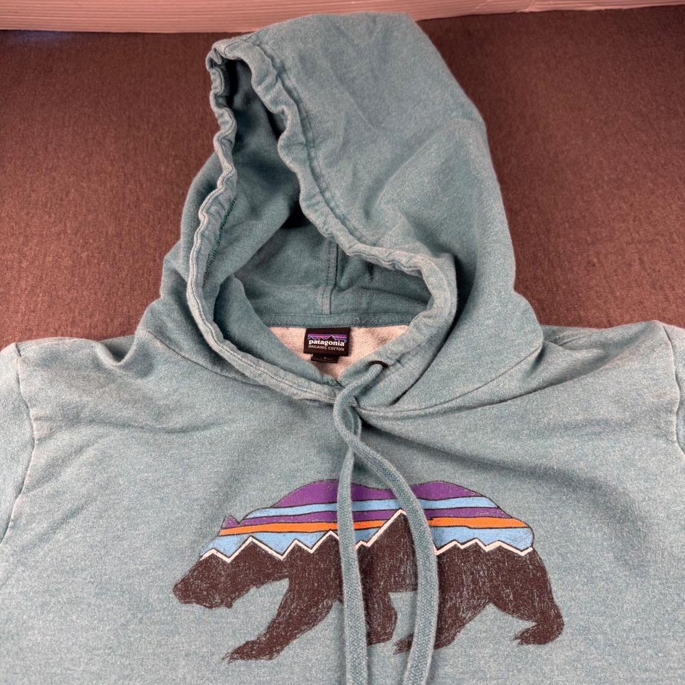 Patagonia Mens Fitz Roy Bear Organic Cotton Hoodie Teal Blue Large